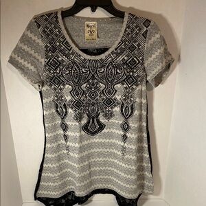 Vocal Black and Gray Sequins and Lace Short Sleeve Tunic Sz M